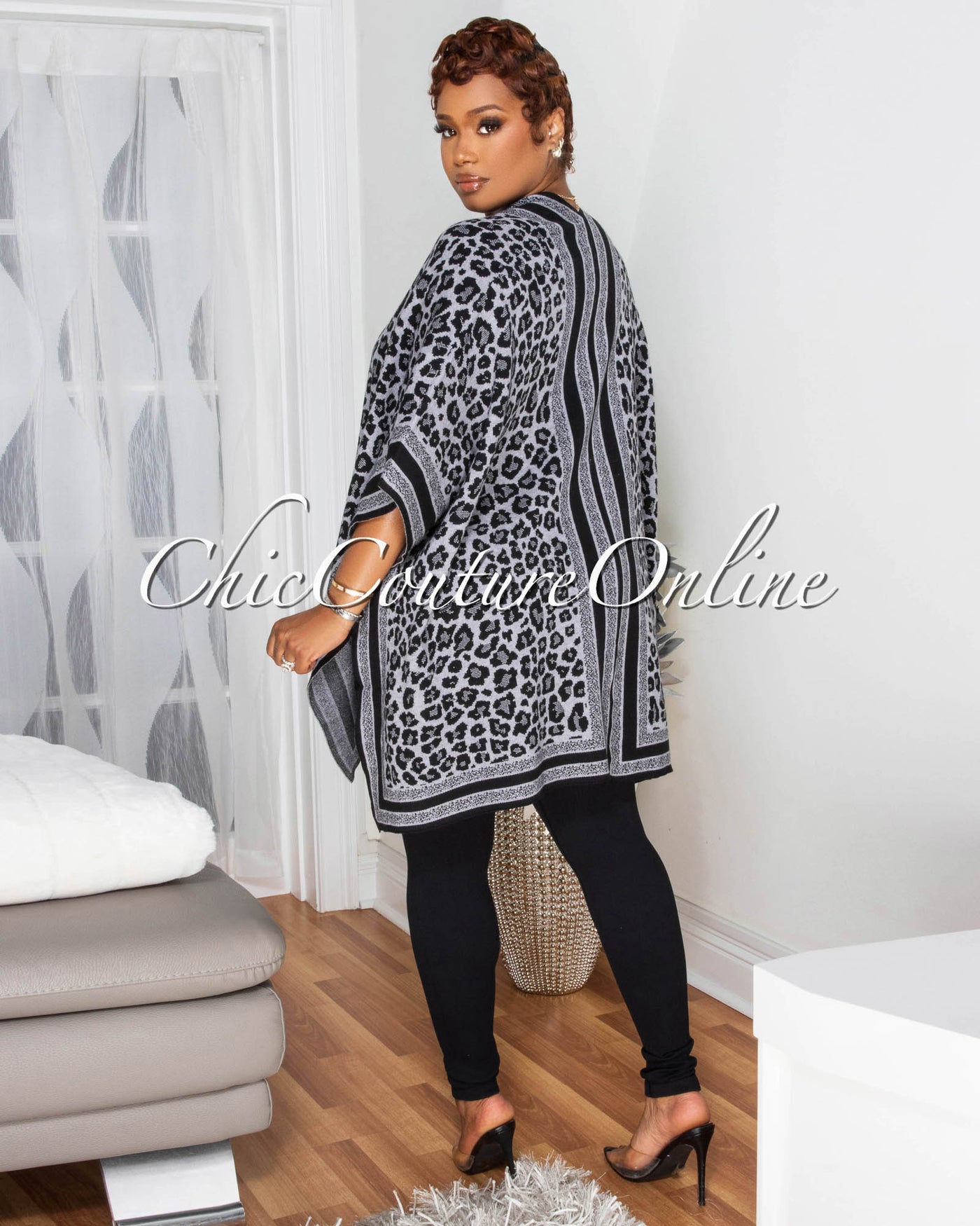 Selmane Grey Black Leopard Print  Knit Cardigan