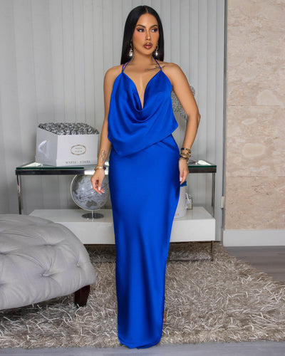 Mademoiselle Royal-Blue Draped Halter Maxi Dress
