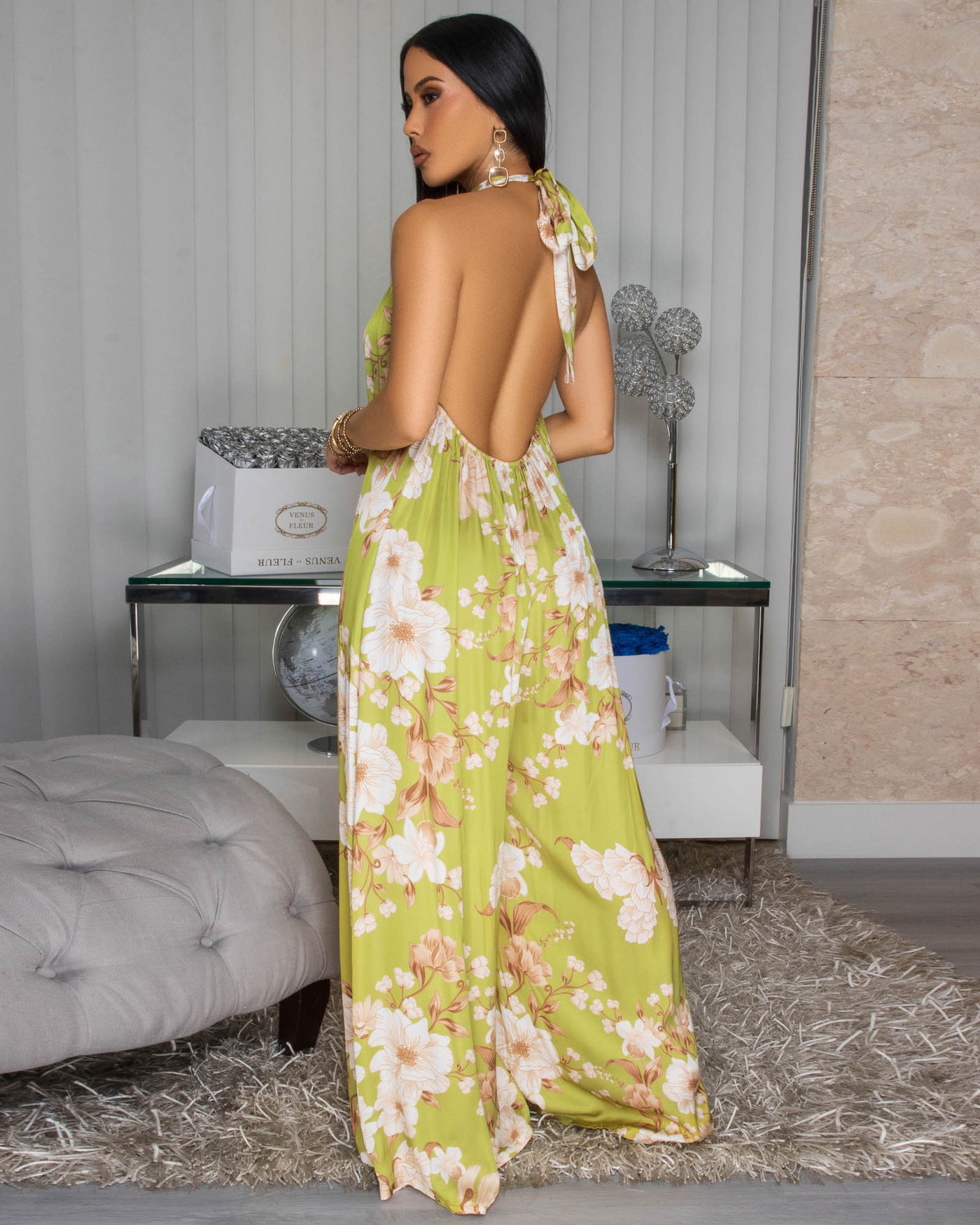 Anjorie Lime Green Nude Floral Print Silky Halter Jumpsuit
