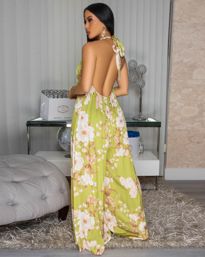 Anjorie Lime Green Nude Floral Print Silky Halter Jumpsuit