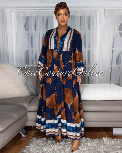 Solene Navy-Blue Brown Floral Print Maxi Dress