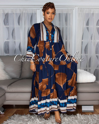 Solene Navy-Blue Brown Floral Print Maxi Dress