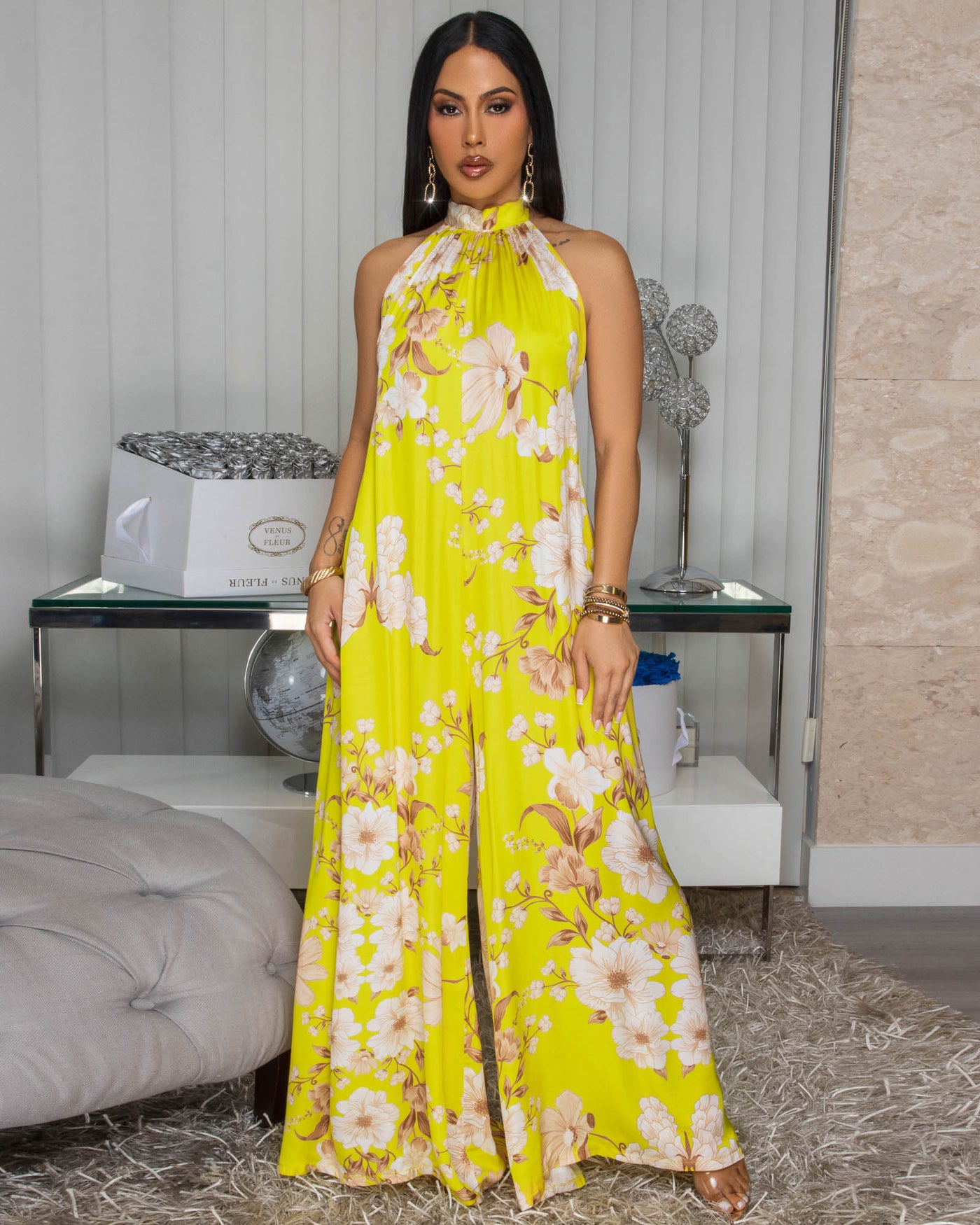 Anjorie Yellow Nude Floral Print Silky Halter Jumpsuit