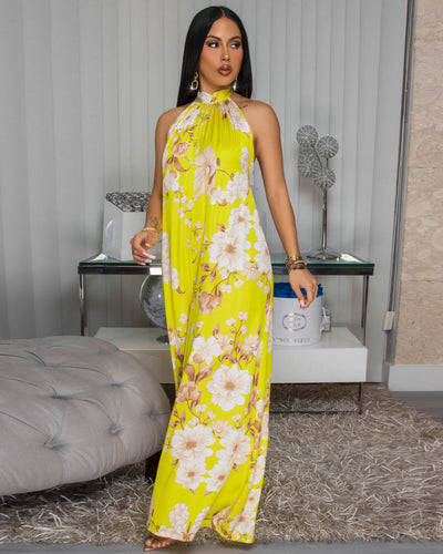 Anjorie Yellow Nude Floral Print Silky Halter Jumpsuit