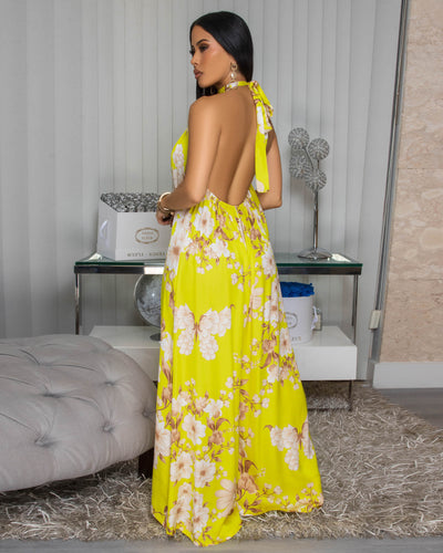 Anjorie Yellow Nude Floral Print Silky Halter Jumpsuit