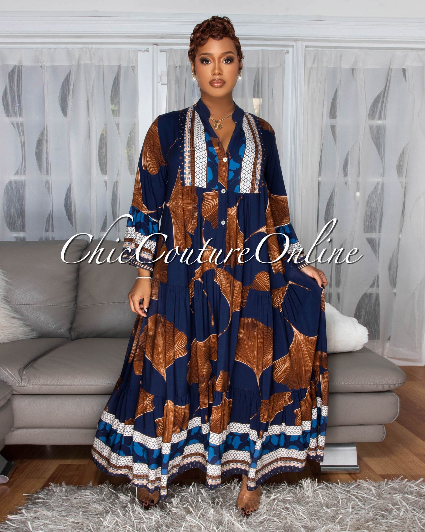 Solene Navy-Blue Brown Floral Print Maxi Dress