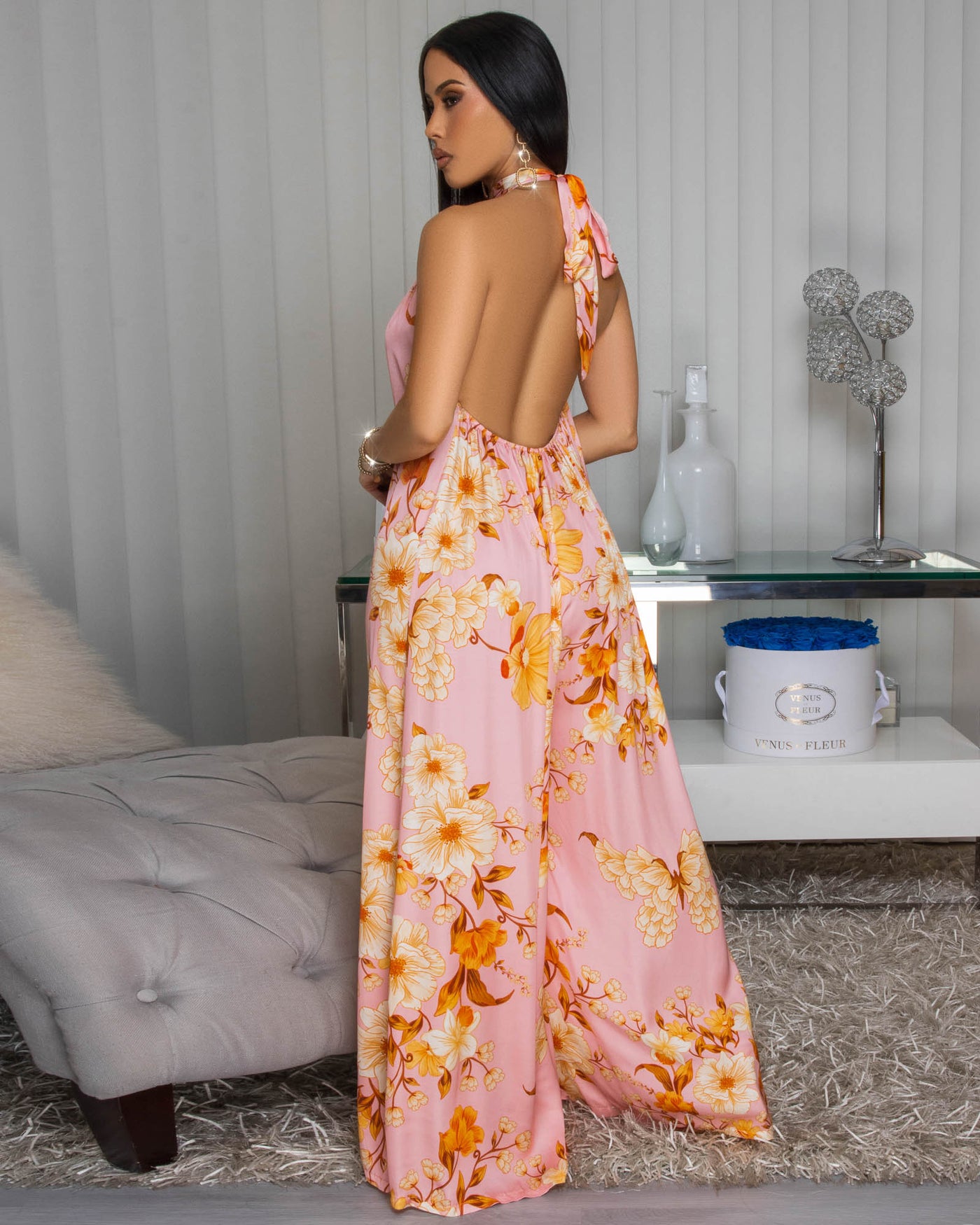 Anjorie Pink Orange Floral Print Silky Halter Jumpsuit