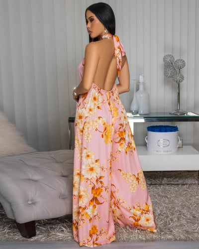 Anjorie Pink Orange Floral Print Silky Halter Jumpsuit