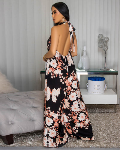 Anjorie Black Blush Floral Print Silky Halter Jumpsuit