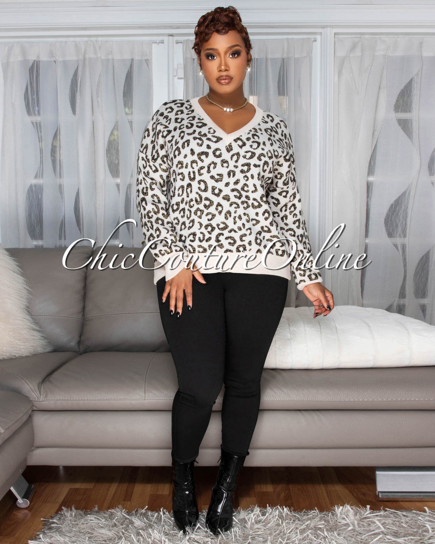 Mishane Nude Black Leopard Print Knit Sweater