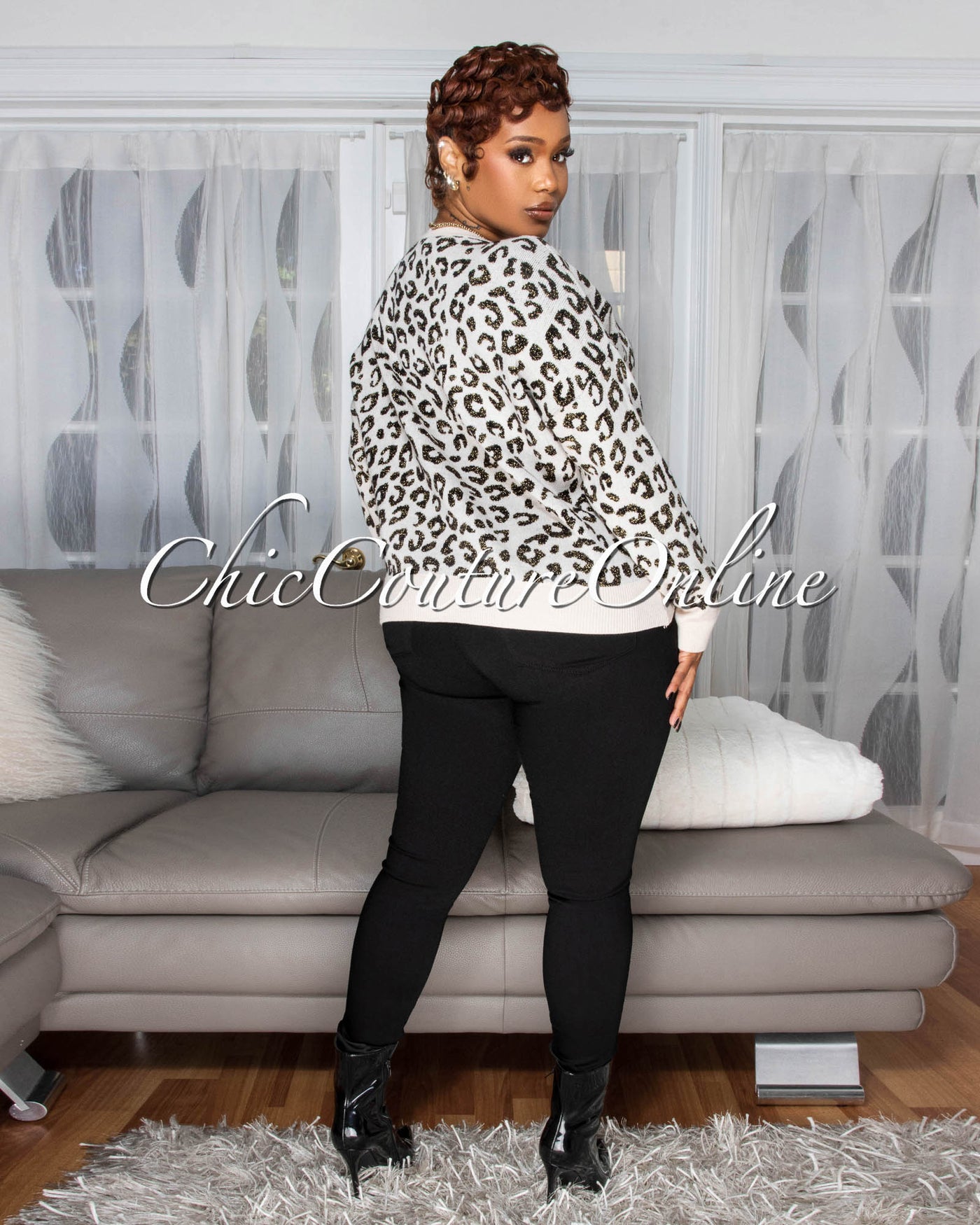 Mishane Nude Black Leopard Print Knit Sweater