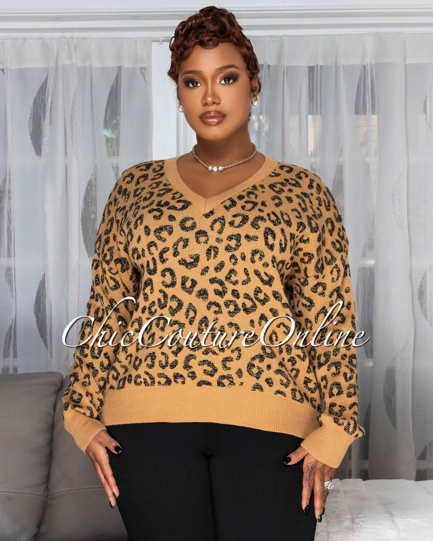 Mishane Toffee Black Leopard Print Knit Sweater