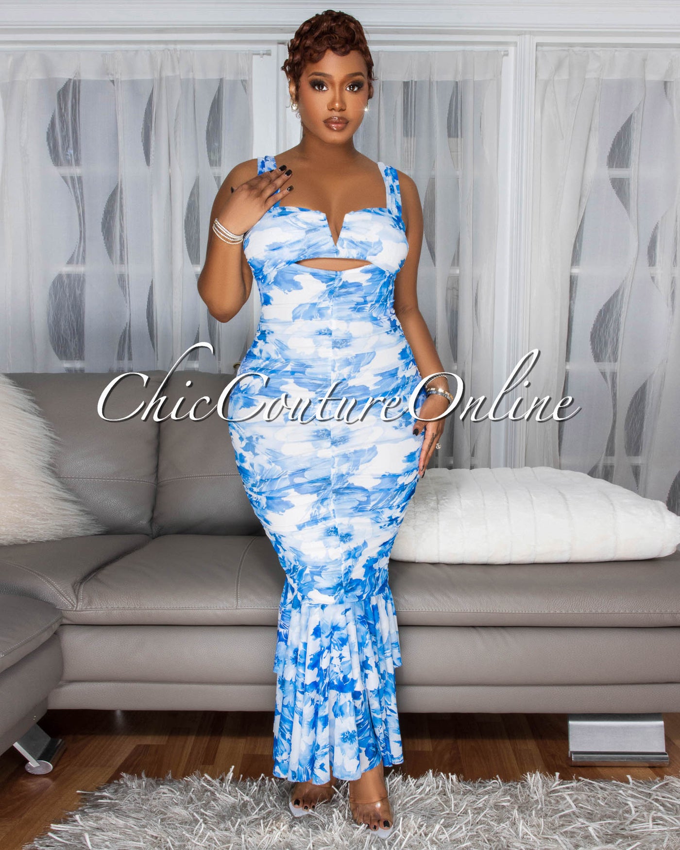 Vanoue Blue Off-White Print Draped Maxi Dress