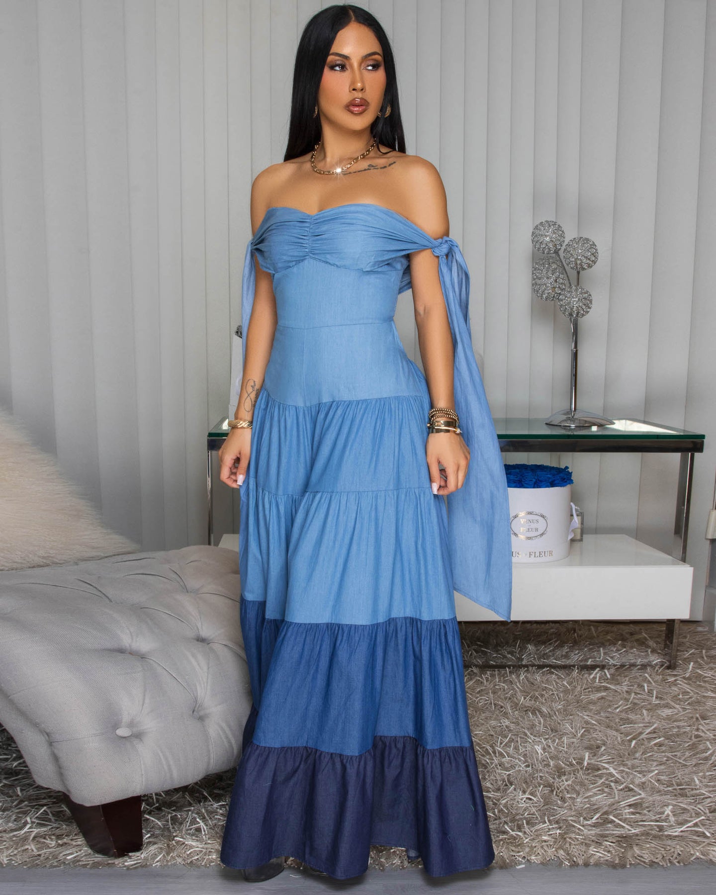 Noelly Blue Ombre Denim Strapless Wide Legs Jumpsuit