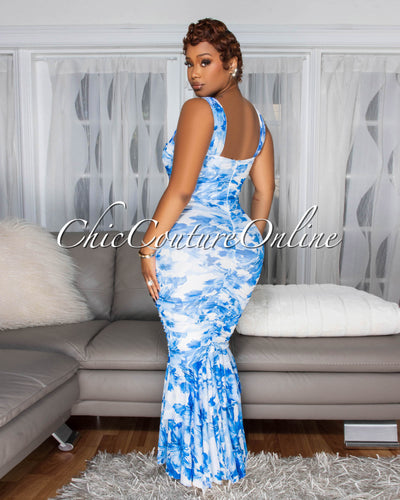 Vanoue Blue Off-White Print Draped Maxi Dress