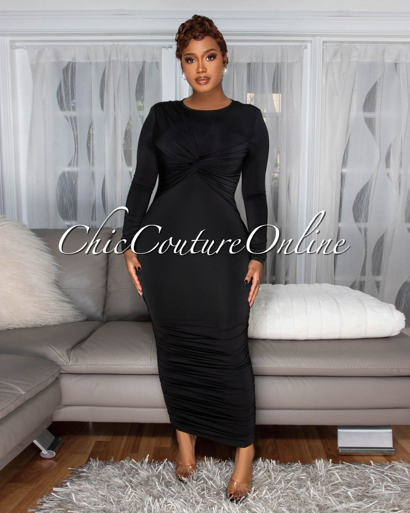 *Razelle Black Twist Bust Ruched Midi Dress