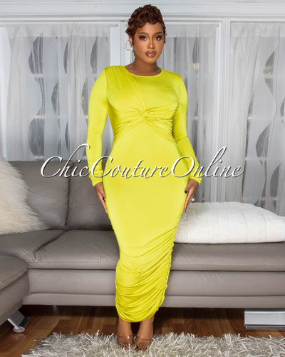 Razelle Lime Knot Accent Ruched Midi Dress