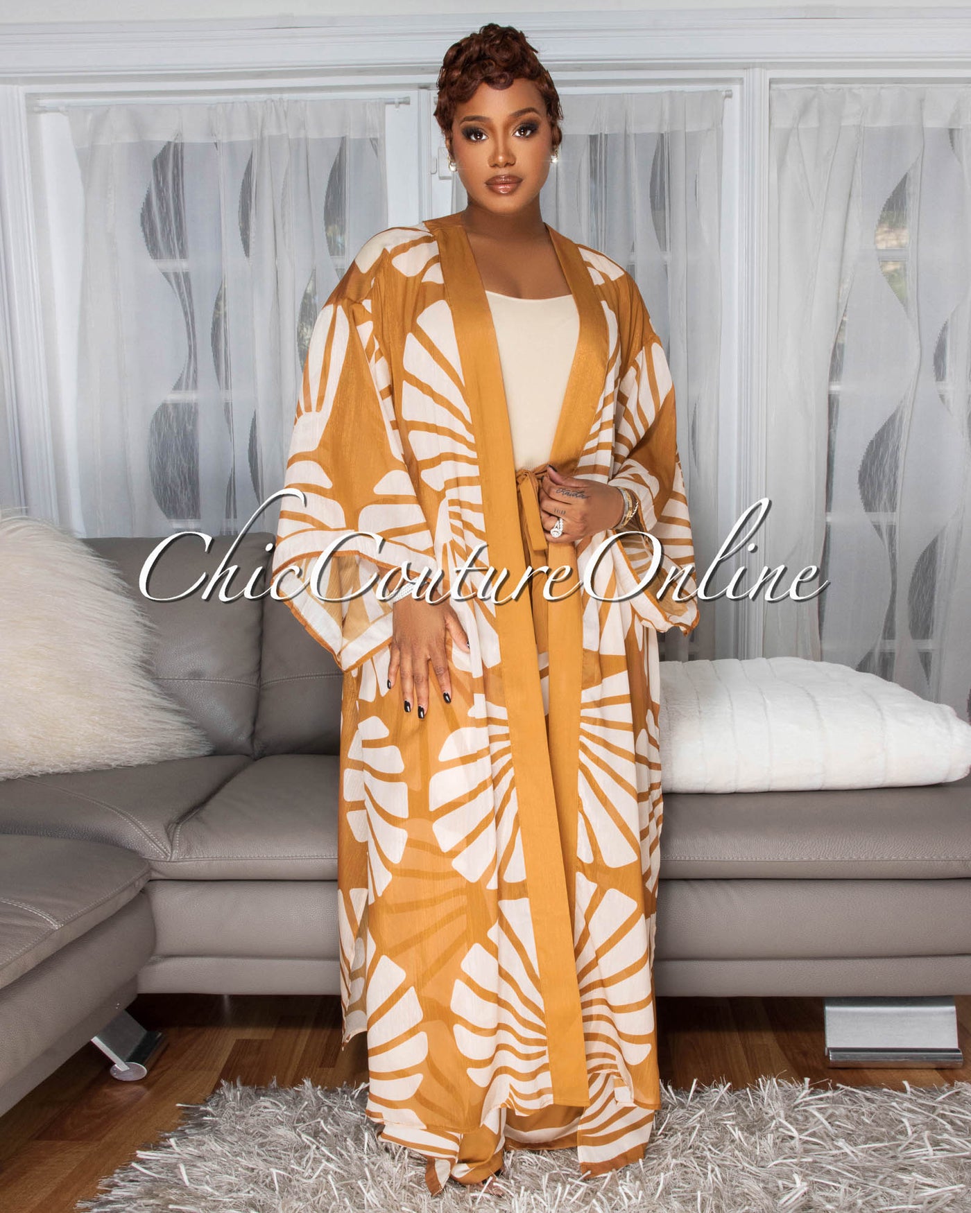 Cassia Orange Nude Kimono & Pants Set