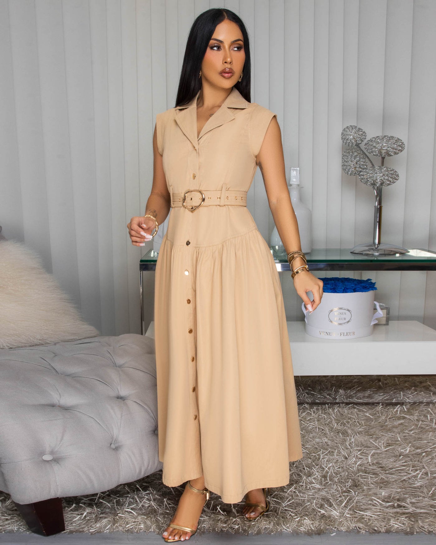 Kahina Nude Belted Midi Dress