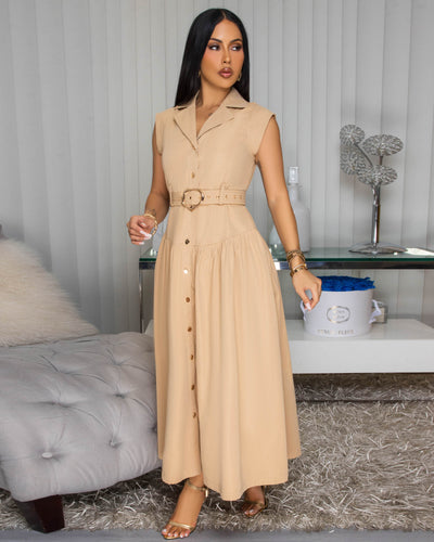 Kahina Nude Belted Midi Dress