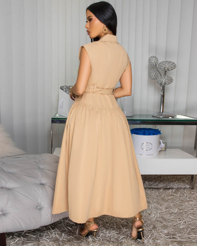 Kahina Nude Belted Midi Dress