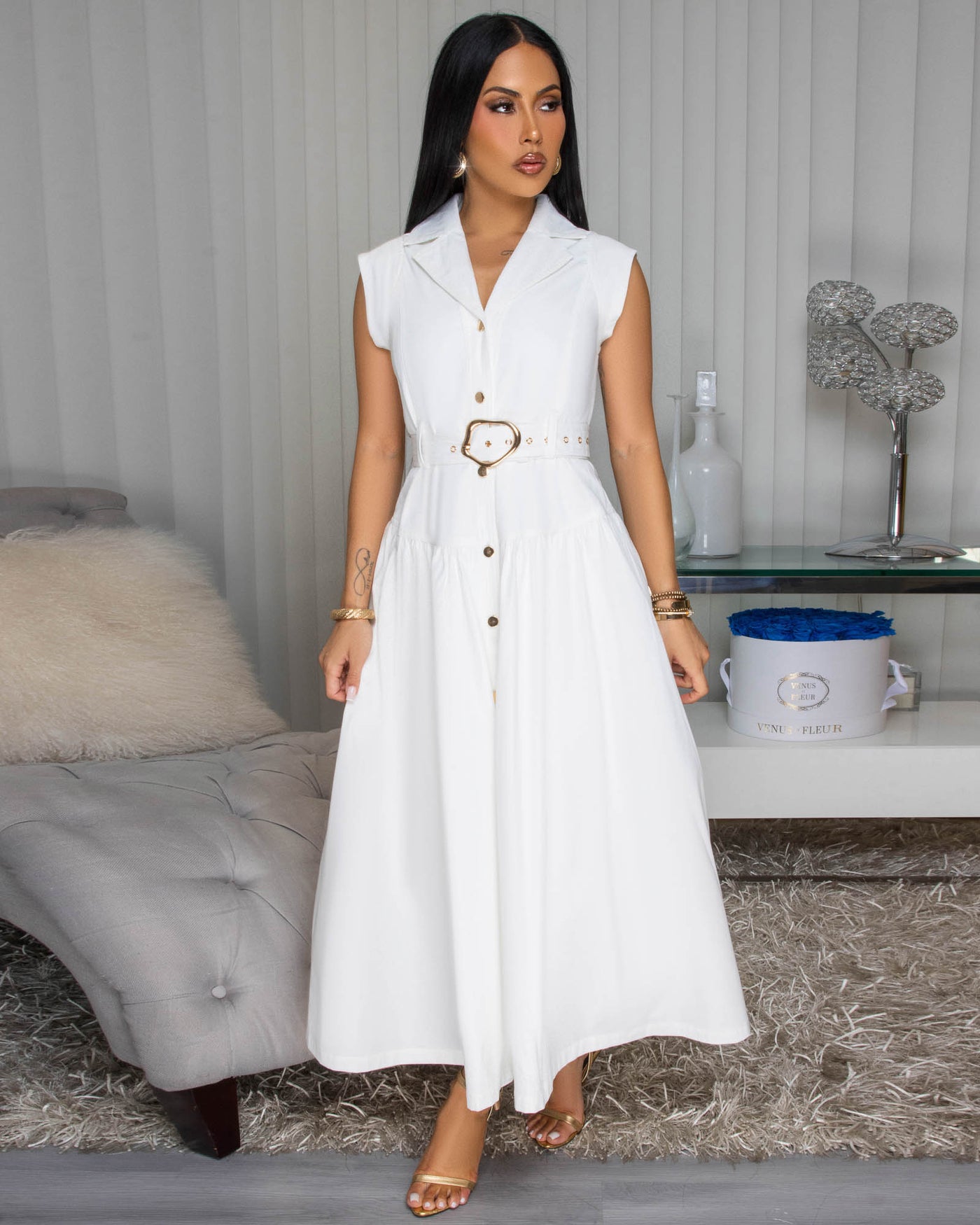 Kahina Off-White Belted Midi Dress
