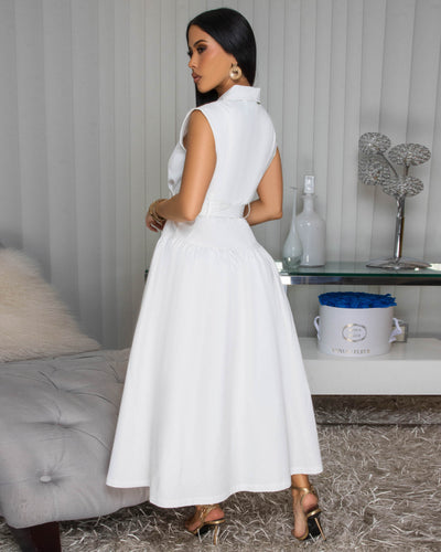 Kahina Off-White Belted Midi Dress