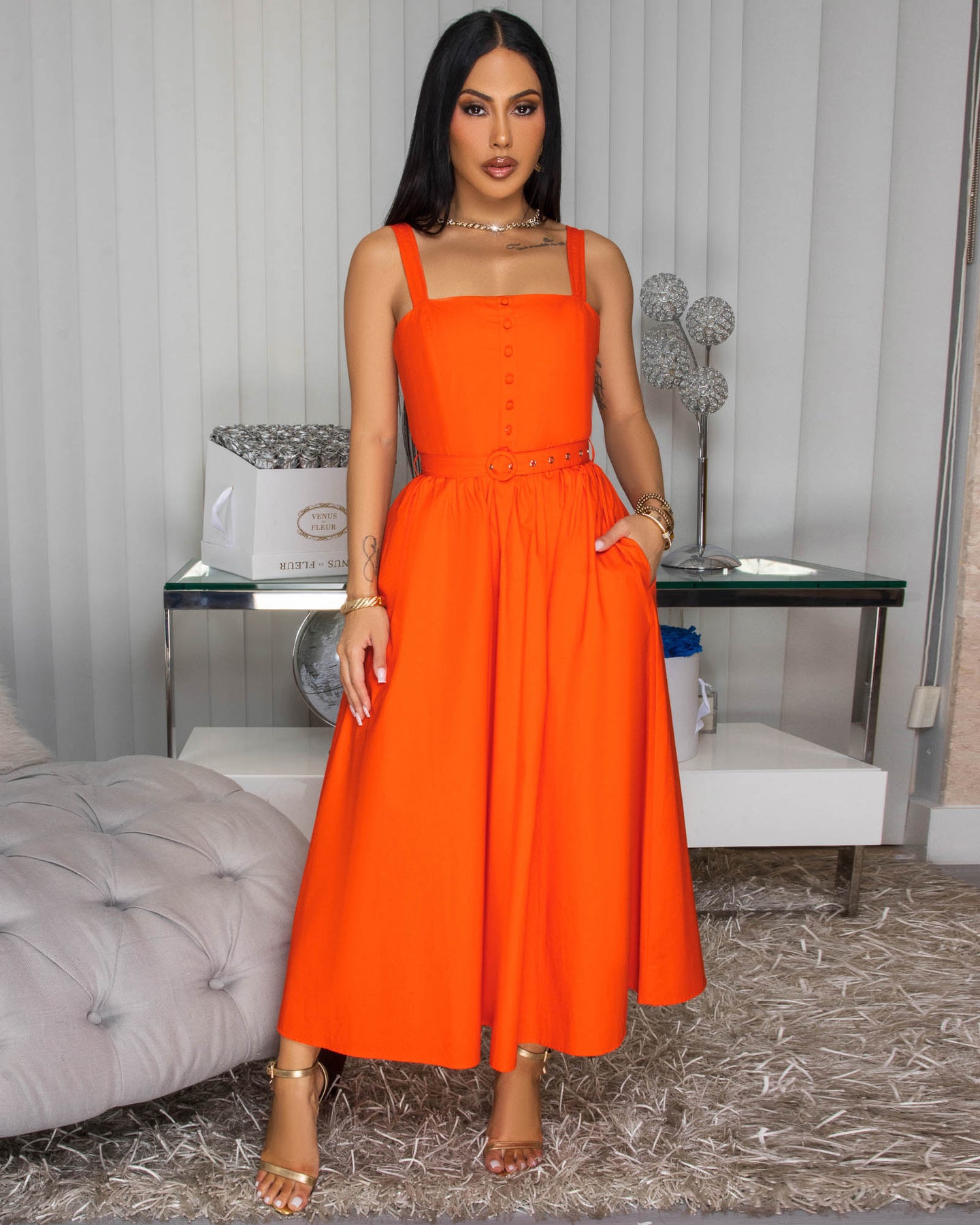 Everline Orange Belted Midi Dress