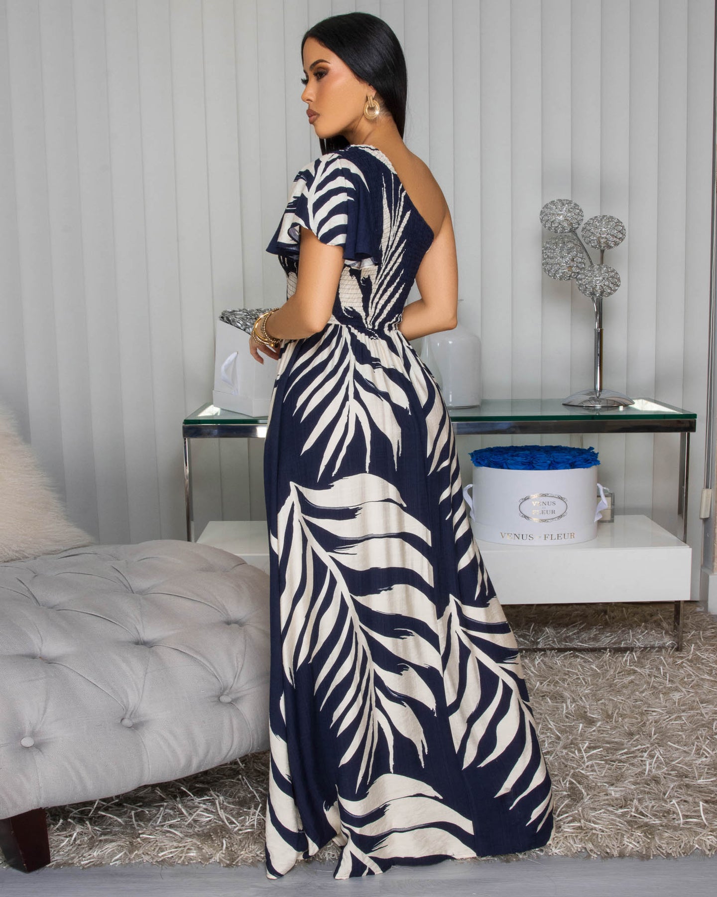 Louanna Navy-Blue Nude Floral Print Single Sleeve Dress