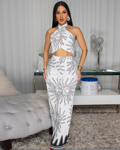 Idellia Off-White Black Print Top & Pants Set