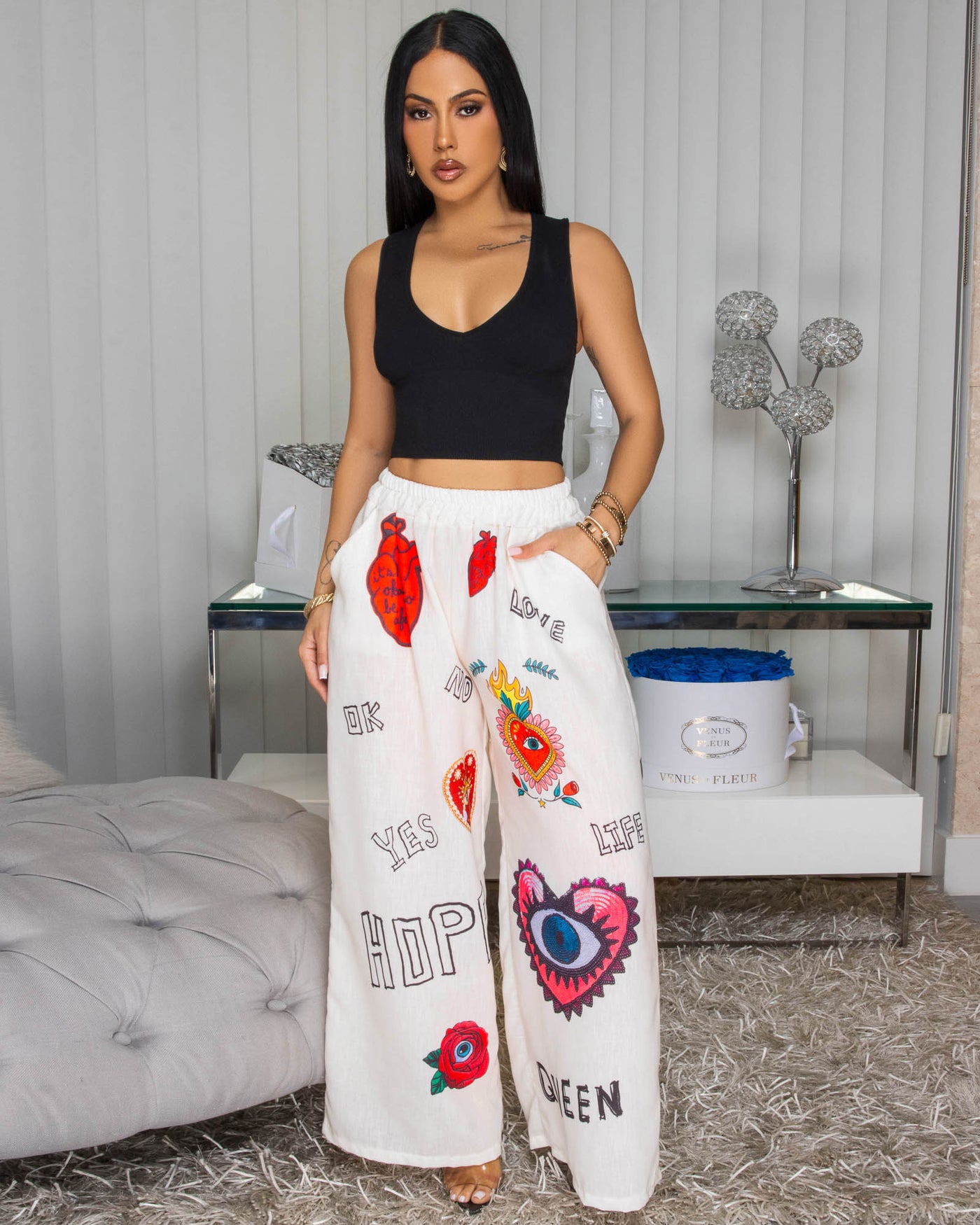 EvilEye Cream Multi-Color Print Linen Pants