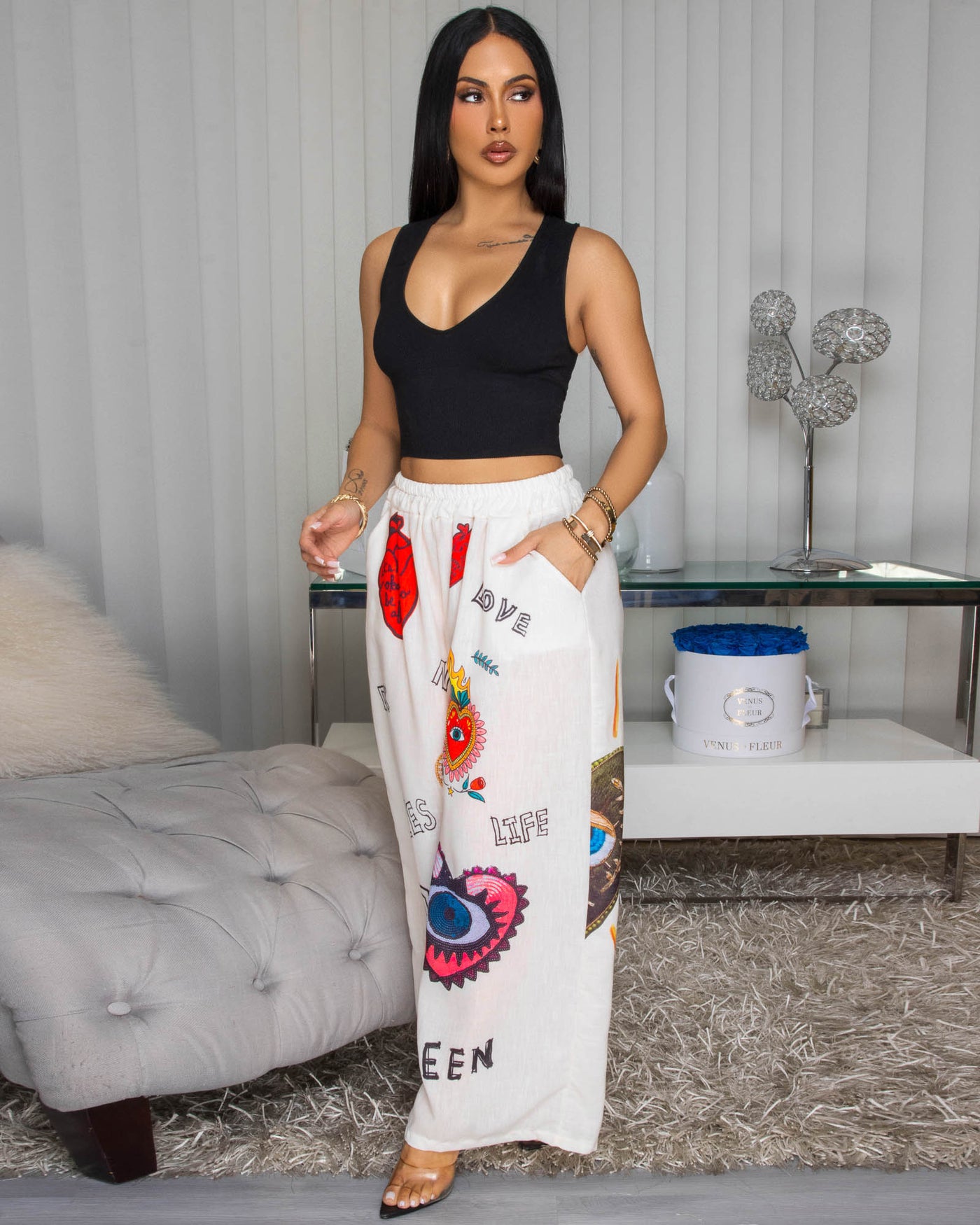 EvilEye Cream Multi-Color Print Linen Pants
