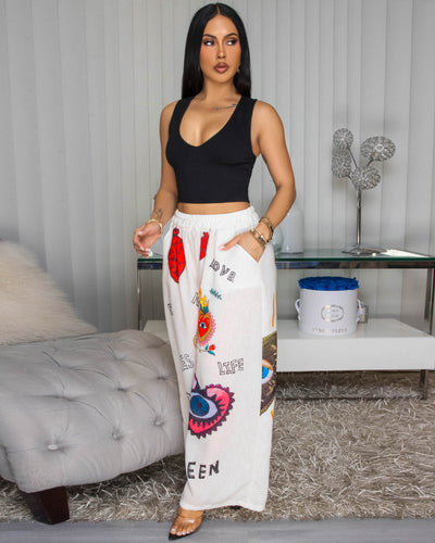 EvilEye Cream Multi-Color Print Linen Pants