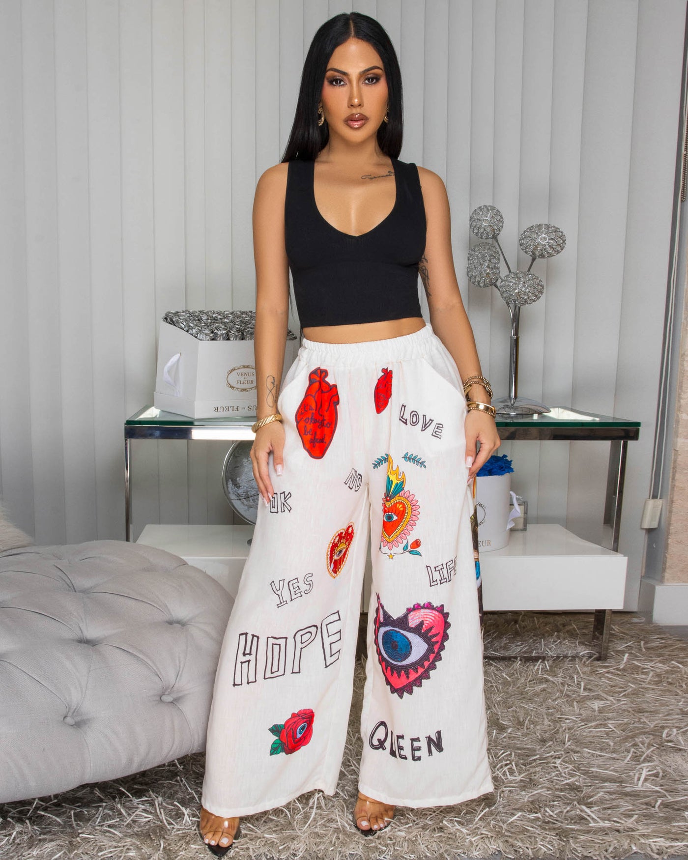 EvilEye Cream Multi-Color Print Linen Pants