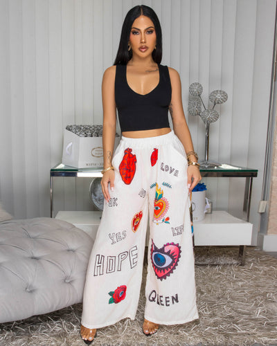 EvilEye Cream Multi-Color Print Linen Pants