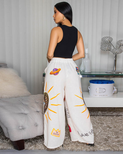 EvilEye Cream Multi-Color Print Linen Pants