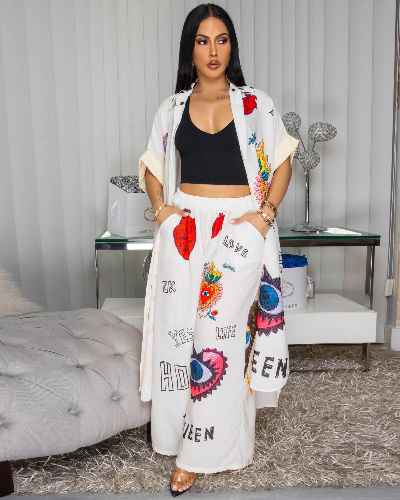 EvilEye Cream Multi-Color Print Linen Maxi Dress