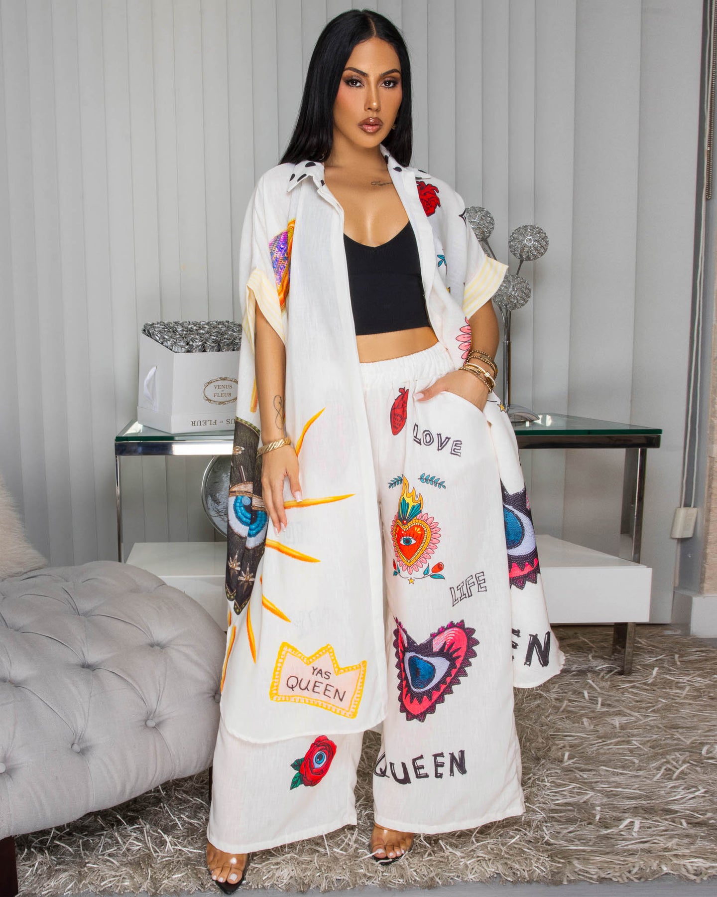 EvilEye Cream Multi-Color Print Linen Maxi Dress