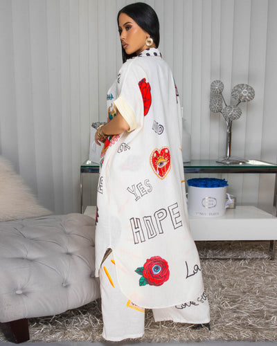EvilEye Cream Multi-Color Print Linen Maxi Dress