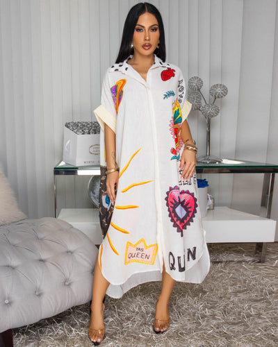 EvilEye Cream Multi-Color Print Linen Maxi Dress