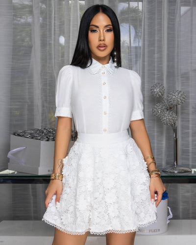 Edwina Off-White Blouse & Crochet Skort Set