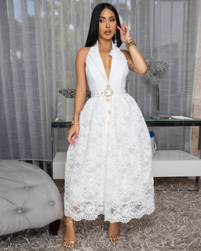 Ruthshell Off-White Lace Halter Midi Dress