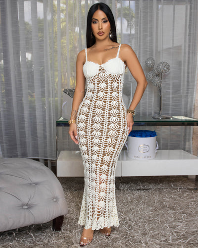 Aleana Cream Nude Illusion Crochet Maxi Dress