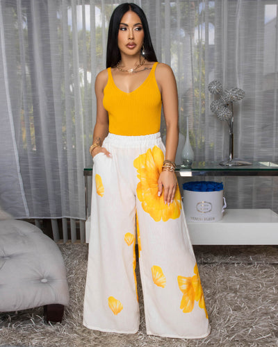 Tamsin Cream Yellow Floral Print Linen Pants