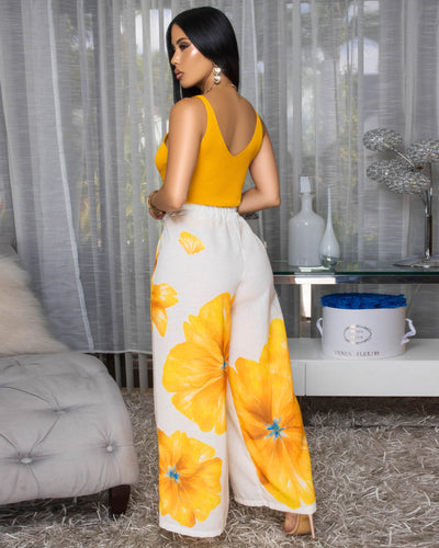 Tamsin Cream Yellow Floral Print Linen Pants
