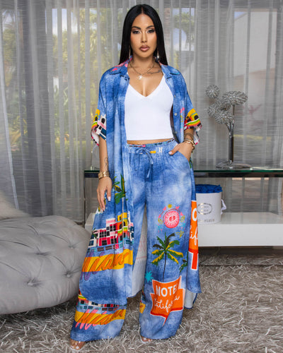 Miami Blue Denim Print Multi-Color Pants