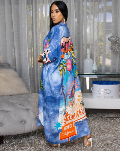 Miami Blue Denim Print Multi-Color Maxi Dress