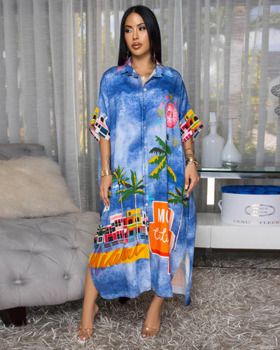 Miami Blue Denim Print Multi-Color Maxi Dress