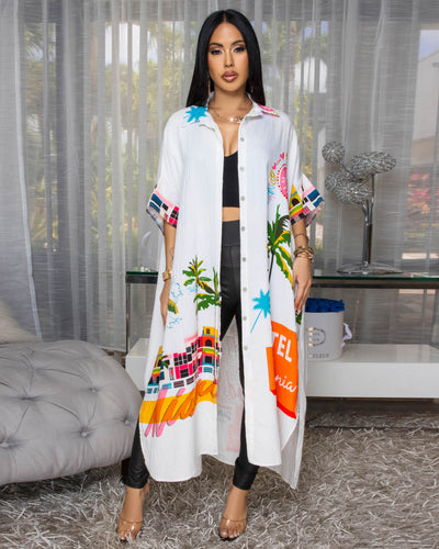 Miami Cream Multi-Color Print Maxi Dress