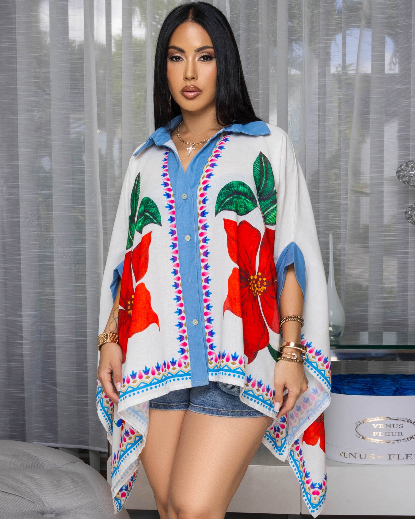Virginie Cream MultiColor Print Hi-Lo Shirt